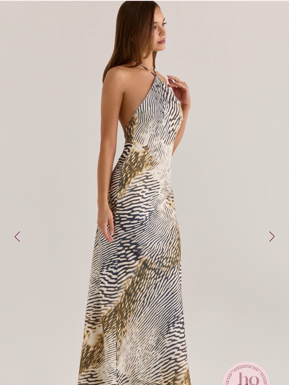 House of CB Cream, Black & Gold Zebra-Print Halter Maxi Dress